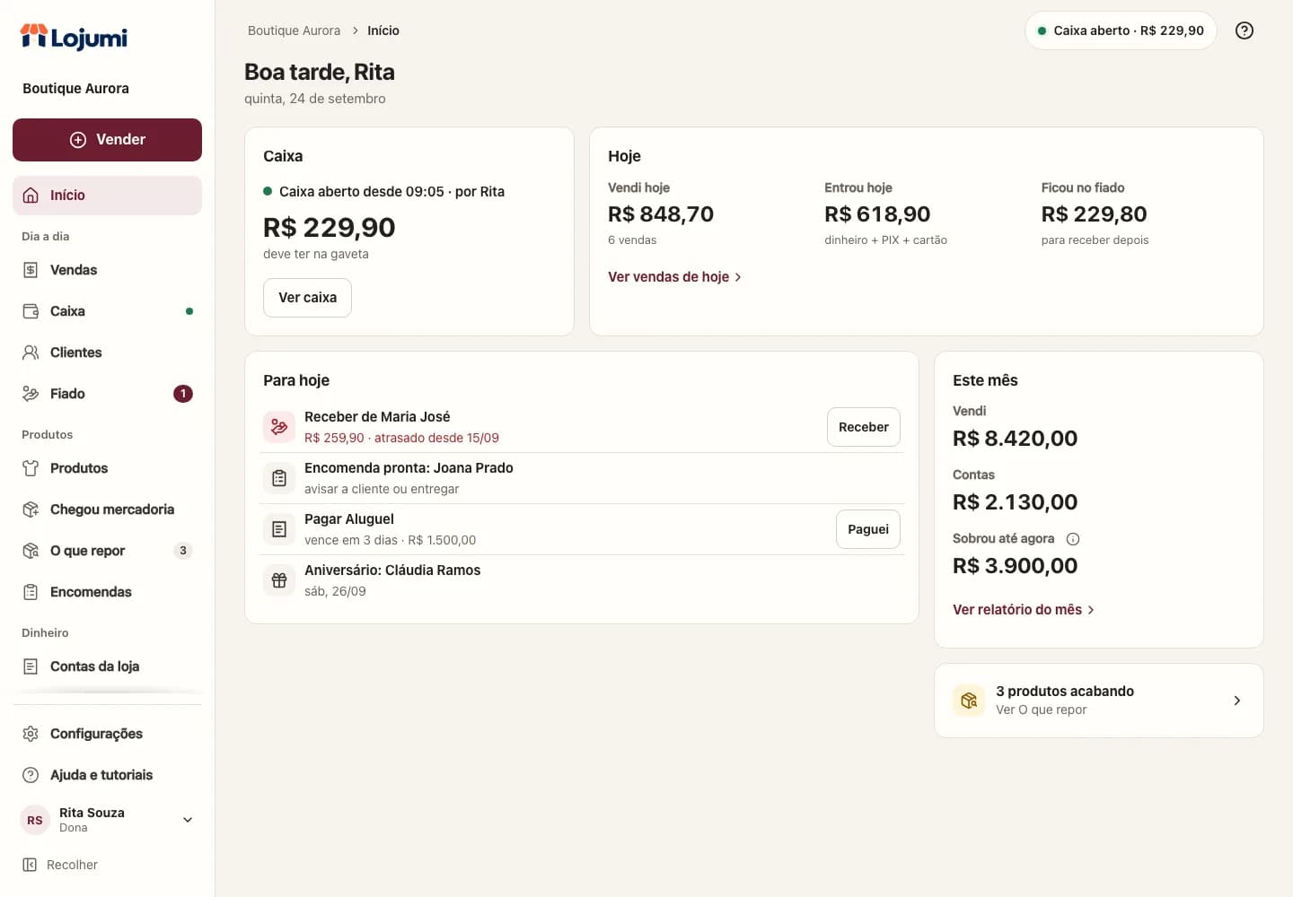Painel da Lojumi com vendas, fiado e agenda de uma loja fictícia